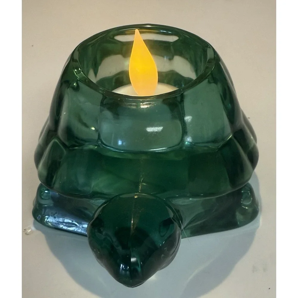 Vintage Turtle Votive Candle Holder, Indiana Glass Heavy Spanish Green Glass USA